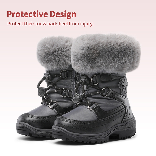 Kids Non-Slip Fur Lined Snow Boots - BLACK GRAY - 4